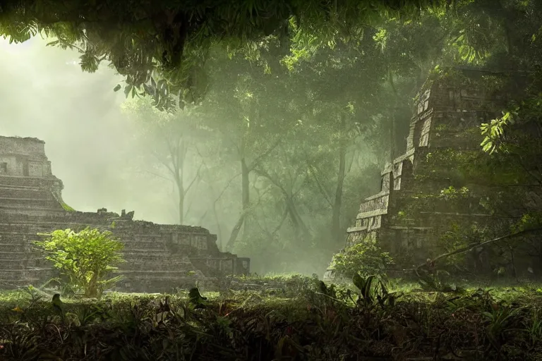 abandoned mayan temple complex in a jungle clearing, | Stable Diffusion