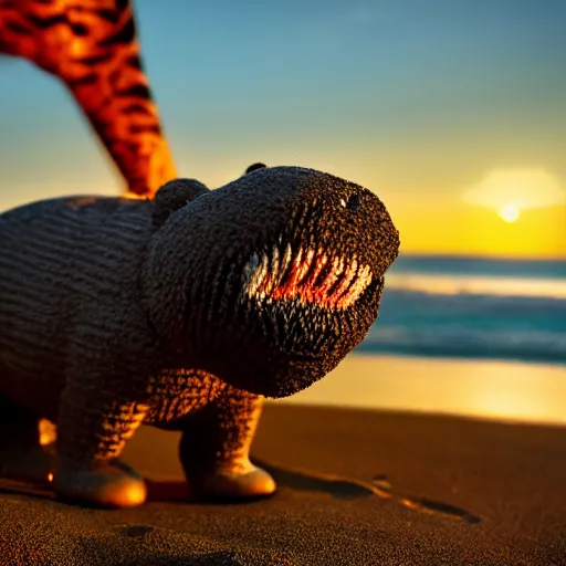 Image similar to a closeup photorealistic photograph of a cute smiling knitted tiger hippopotamus chasing a beachball at sunset. surf in the background. professional capture. this 4 k hd image is trending on artstation, featured on behance, well - rendered, extra crisp, features intricate detail, epic composition and the style of unreal engine.