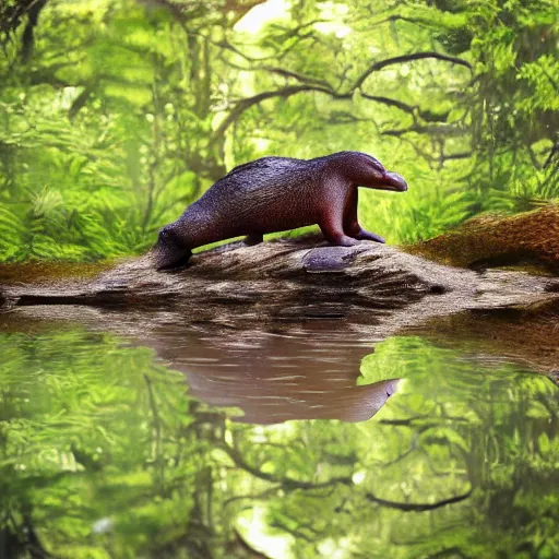 Image similar to detailed photograph of a platypus in a forest, national geographic, realistic, cinematic lighting, 8 k, cute, adorable