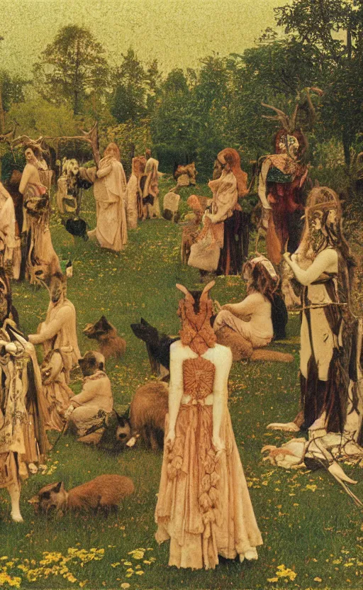 Prompt: autochrome of a midsummernight's dream renaissance forest hunting festival at sunset with masks of wolves and sheep in the style of, jugendstil, alma tadema, maxfield parrish, maurice sendak, classic japanese prints