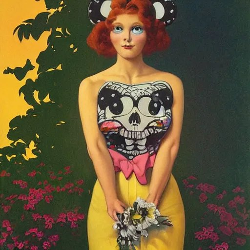 Image similar to portrait painting young woman skeleton, minnie mouse, comic book, elegant, highly detailed, painted by maxfield parrish and murakami