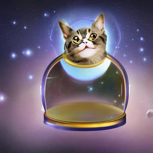 Prompt: a cute cat wearing a space helmet floating through an inter-dimensional gateway in space, dramatic lighting, cinematic, digital art