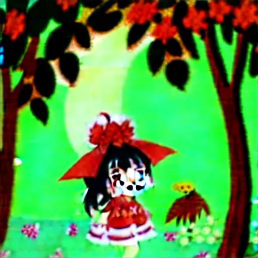 Prompt: an illustration of reimu in the jungle wearing bonnet