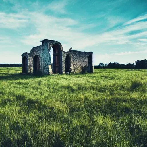 Prompt: grasslands, ruins small town, [ 4 k photorealism ]!!!, trending on unsplash, intricate, zoomed out photography