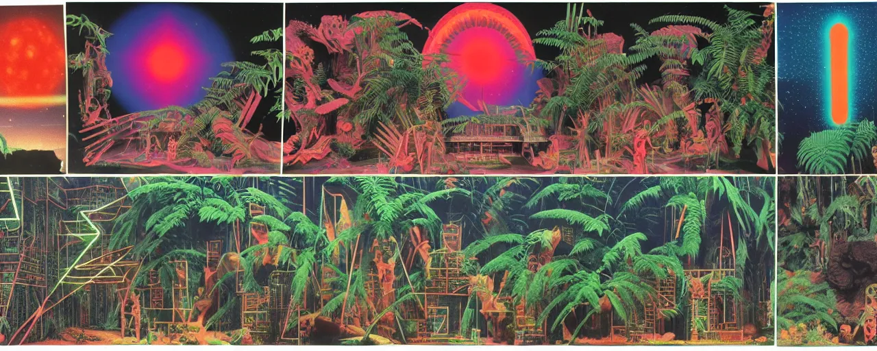 Image similar to 1978 cut out collage, science fiction movie set, neon aztec, break of dawn on Jupiter, epic theater , tropical ambience, ancient fern, electro schematics, film noir, in part by Alex Grey, part by Hale Woodruff