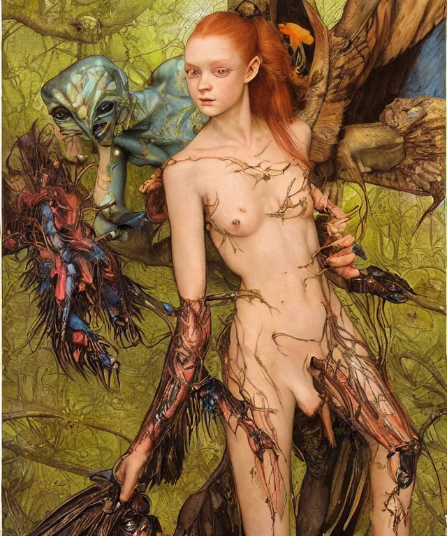 Image similar to a portrait photograph of a harpy succubus with slimy skin being transformed into a beautiful alien. she looks like sadie sink and is wearing a colorful infected sleek organic catsuit. by donato giancola, hans holbein, walton ford, gaston bussiere, peter mohrbacher and brian froud. 8 k, cgsociety, fashion editorial