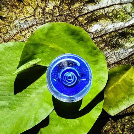 Prompt: perfume bottle sitting on a lilypad in the middle of a blue lake, close up shot, upfront, surrounded by tropical leaves, blurred tropical background, softly - lit, soft - warm, zen, light, modern minimalist f 2 0 clean