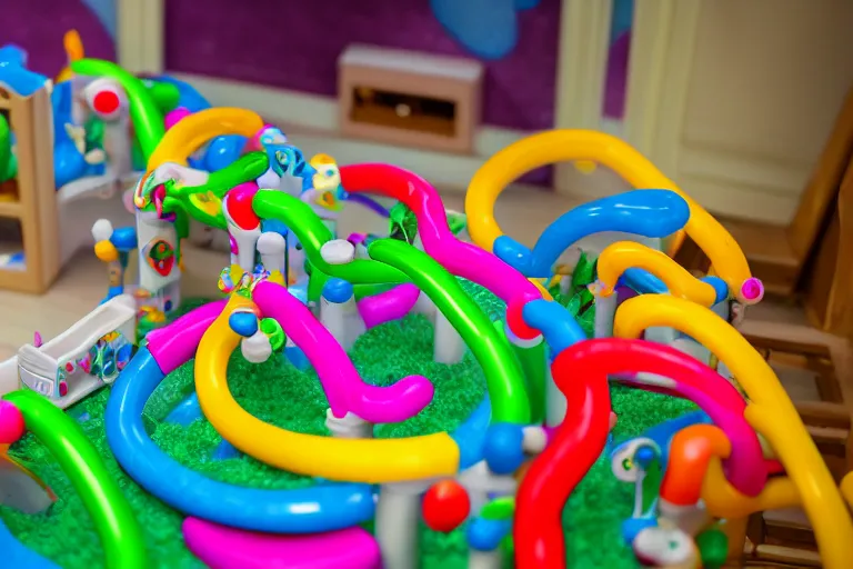 Image similar to fisher price couch, perfect focus, psychedelic trippy couch, marble run, planets, sofa scene from tv show hyper detailed 5 5 mm 8 5 mm, toy photography, made out of plastic