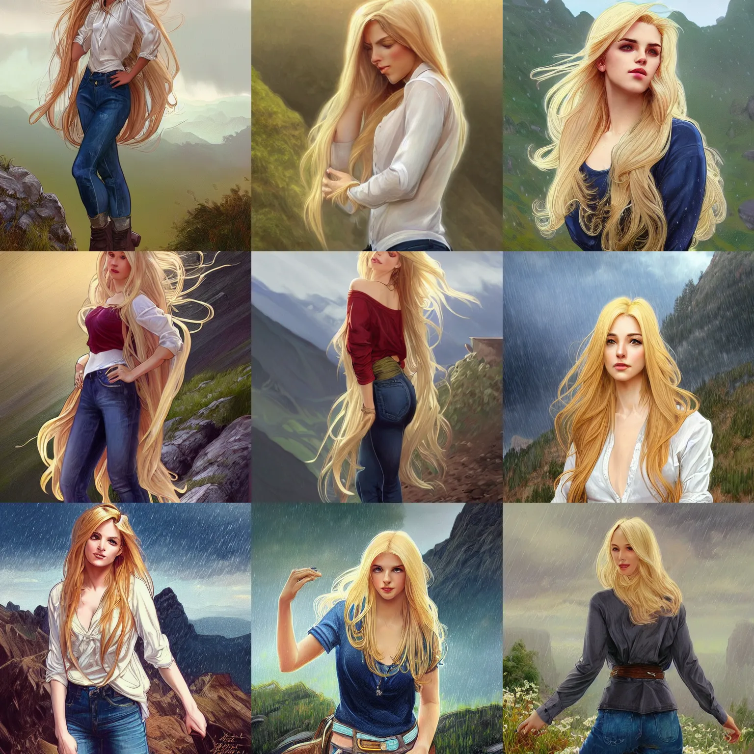 Prompt: a gorgeous woman with long light-blonde hair wearing a blouse and jeans, standing in the rain on top of a mountain, highly detailed, digital painting, artstation, concept art, sharp focus, illustration, art by artgerm and alphonse mucha