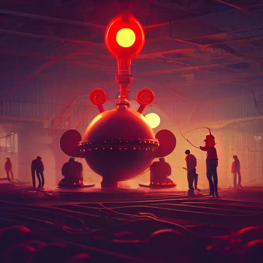 Image similar to photorender of many workers operating big mickey mouse head, low light, glowing red light behind, highly detailed 4 k intricate art, unreal engine, concept art, digital art, beeple, cgsociety, octane render, realistic, sharp focus, smooth, greg rutkowski, alphonse mucha