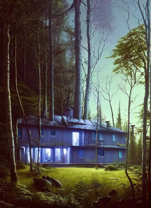 Image similar to hyper realistic witchy modern house with mood lighting and tech in the woods gorgeous lighting, blue sky, highly detailed, lush forest foliage painting by zdzisław beksinski and norman rockwell and greg rutkowski weta studio, and lucasfilm