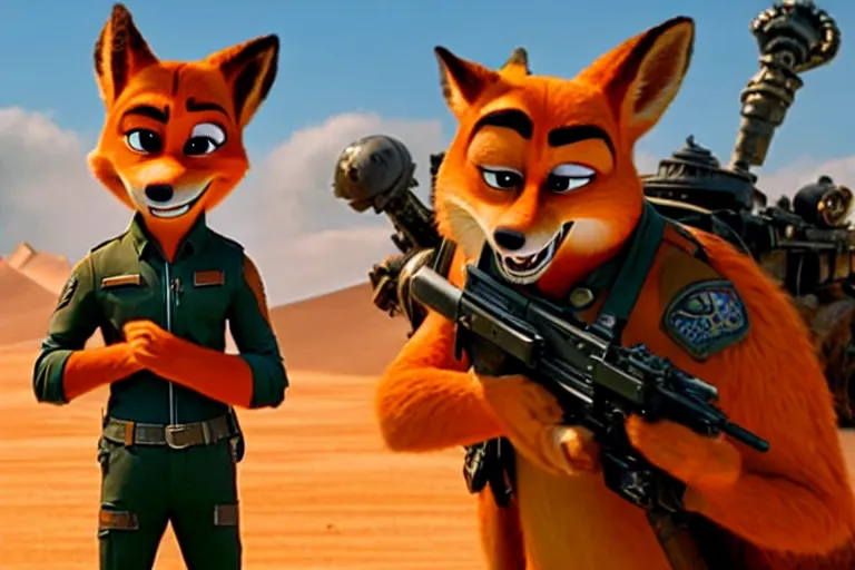 Image similar to nick wilde ( from zootopia ), heavily armed and armored facing down armageddon in a dark and gritty reboot from the makers of mad max : fury road