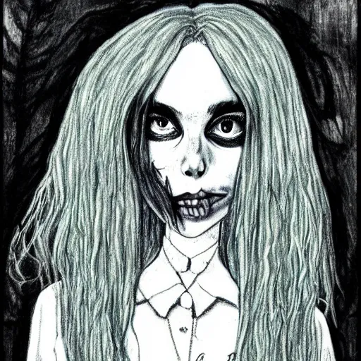 Prompt: grunge drawing of billie eilish in the style of corpse bride