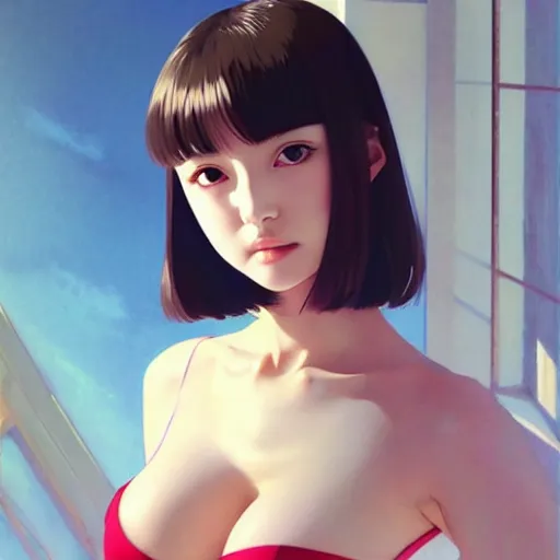 Image similar to a beautiful young japanese natalie portman alluring gravure model in crop top, large chest, by ilya kuvshinov and artgerm, aesthetic, gorgeous, alluring, attractive, gapmoe yandere grimdark, trending on pixiv fanbox, painted by greg rutkowski makoto shinkai takashi takeuchi studio ghibli, akihiko yoshida