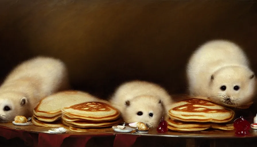 Image similar to highly detailed painting of cute furry white baby seals in a pile of jam pancakes on a table by william turner, by greg rutkowski, by william constable, thick brush strokes and visible paint layers, 4 k resolution