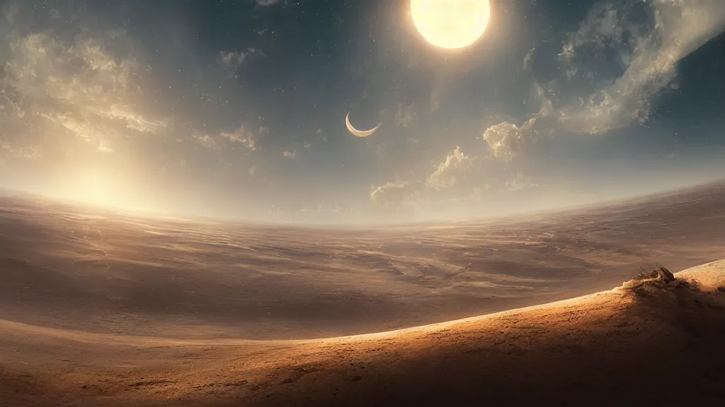 Prompt: The moon crashes into the earth, the desert, the sun's rays through the dust, a shock wave, birds and clouds in the sky, art by Jessica Rossier,