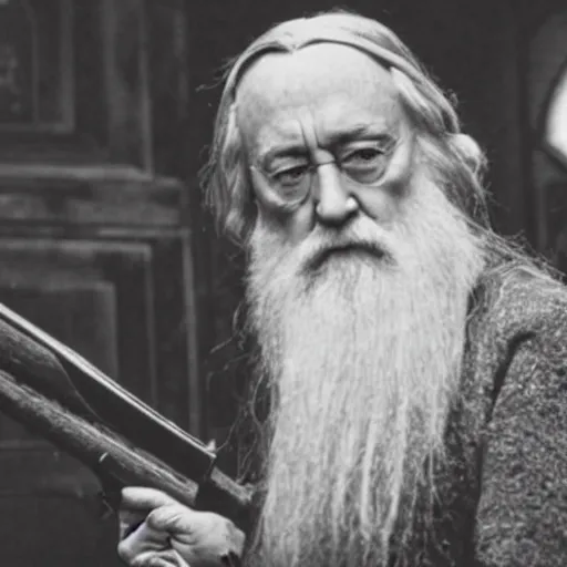 Image similar to 📷 Dumbledore with a sawed-off shotgun