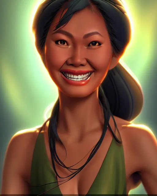 Image similar to smiling heavy filipina woman character portrait, by don bluth, sci - fi environment, highly detailed, dynamic shadows, 4 k, wallpaper - 1 0 2 4