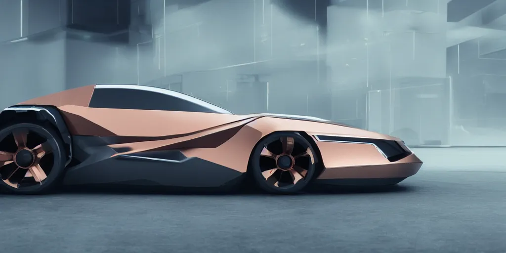 Image similar to a design of a futuristic vehicle, designed by Polestar, cyberpunk 2077 background, brushed rose gold car paint, black windows, dark show room, dramatic lighting, hyper realistic render, depth of field