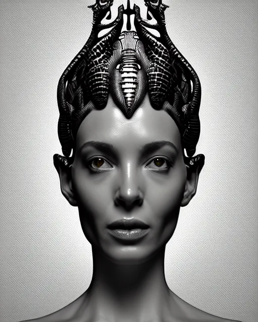 Image similar to a black and white 3D render of a young beautiful female queen-dragon-cyborg bust with a very long neck and Mandelbrot fractal face, Mandelbrot fractal skin, flesh, anatomical, facial muscles, veins, arteries, elegant, highly detailed, flesh highly ornated, hair are cable wires, elegant, high fashion, rim light, octane render, in the style of H.R. Giger, Realistic, Refined, Digital Art, Highly Detailed, Cinematic Lighting, rim light, black and white, photo-realistic, 8K