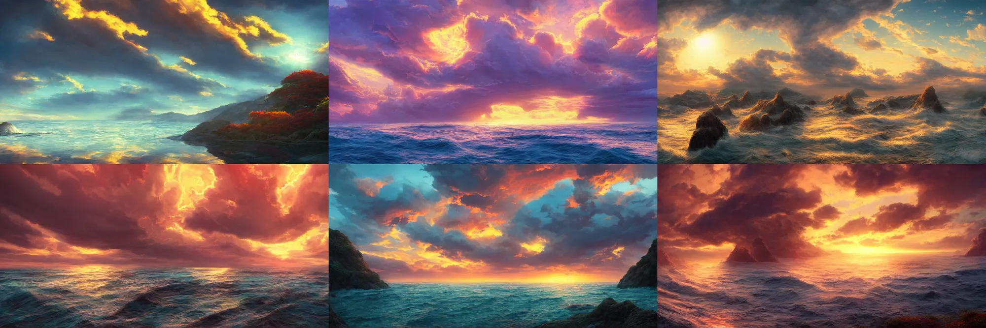 Prompt: sperical hdri map, epic fantasy, ocean, mattepainting, octane, warm sundown, fall vibrancy, swirley clouds, by makoto shinkai, by wu daozi