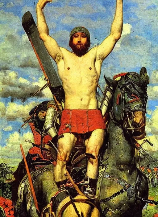 Image similar to warrior inspired a painting Heroes (Bogatyri) Viktor Vasnetsov