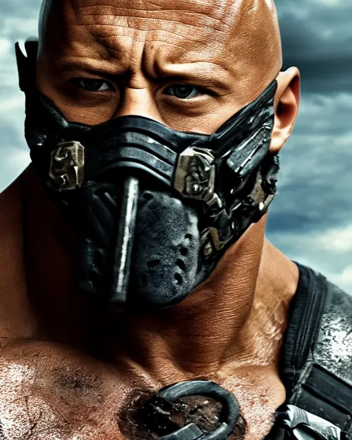 Image similar to film still close up shot of dwayne johnson as bane from the movie the dark knight rises. photographic, photography