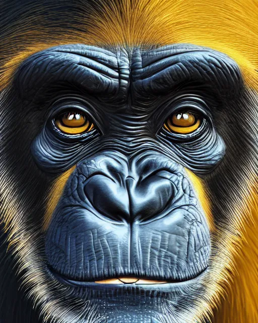 Prompt: gold, blue, very detailed high resolution illustration portrait of a chimpanzee glaring, mystical, 3 d, 8 k, extremely detailed, artstation
