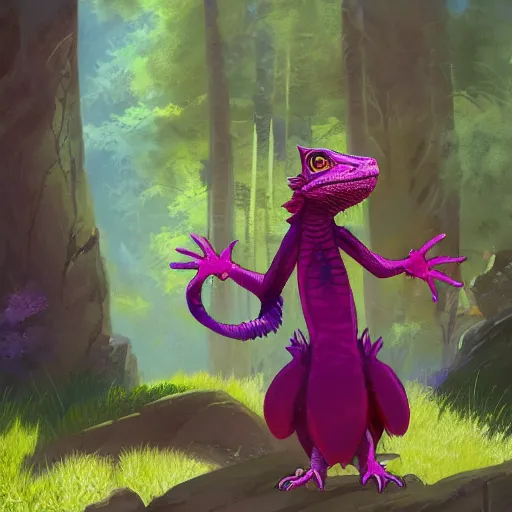 Image similar to concept art painting of an anthropomorphic bearded dragon anthro wearing magenta wizard robes, in the deep forest, realistic, detailed, cel shaded, in the style of makoto shinkai and greg rutkowski and james gurney