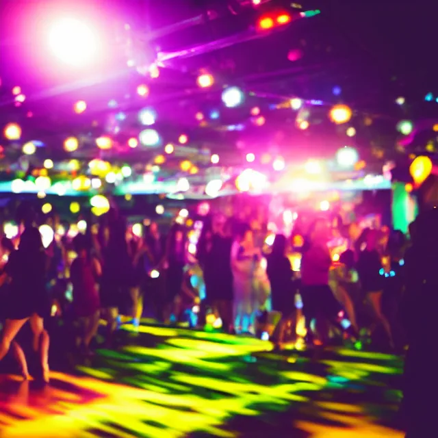 Image similar to DSLR photograph of a busy dance floor at night, sharp focus