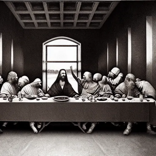 Prompt: Award Winning Editorial Masterpiece picture of a new York Soup Kitchen by David Bailey CBE, Composition The Last Supper daVinci