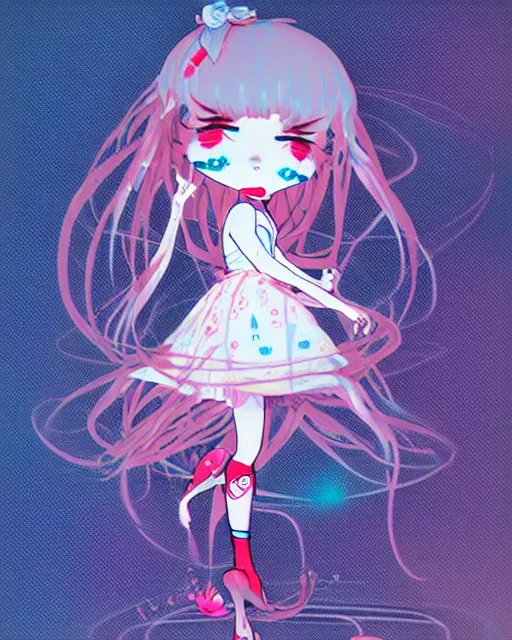 Image similar to james jean isolated vinyl figure harajuku magical girl character design, figure photography, dynamic pose, holographic undertones, motion shapes color design, glitter accents on figure, anime stylized cute guro, sharp focus, accurate fictional proportions, high delicate defined details, ethereal lighting