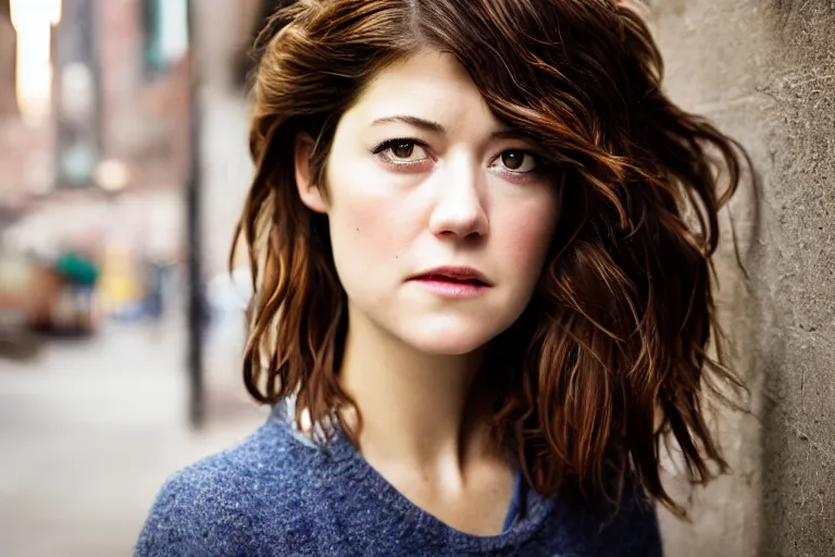 Prompt: closeup potrait of Mary Elizabeth Winstead in a smoky new york back street, photograph, natural light, sharp, detailed face, magazine, press, photo, Steve McCurry, David Lazar, Canon, Nikon, focus