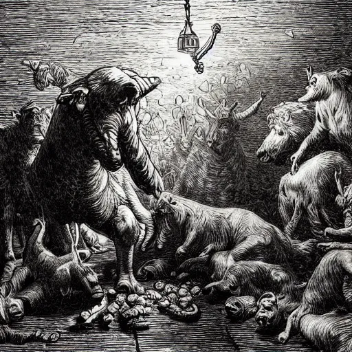 Prompt: a scene from animal farm by george orwell, chiaroscuro, high detail, illustration by gustave dore