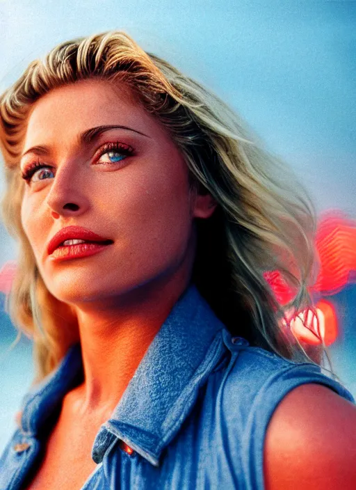 Prompt: A hyper realistic and detailed head portrait photography of Rebecca Romign of Baywatch on a futuristic beach. by Annie Leibovitz. Neo noir style. Cinematic. neon lights glow in the background. Cinestill 800T film. Lens flare. Helios 44m