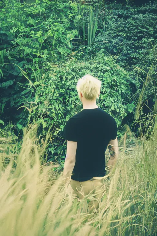 Prompt: kodak color plus 2 0 0 photograph of a skinny goth guy short blonde hair looking at beautiful exotic garden scenery, back view, vaporwave colors, grain, moody lighting, moody aesthetic,