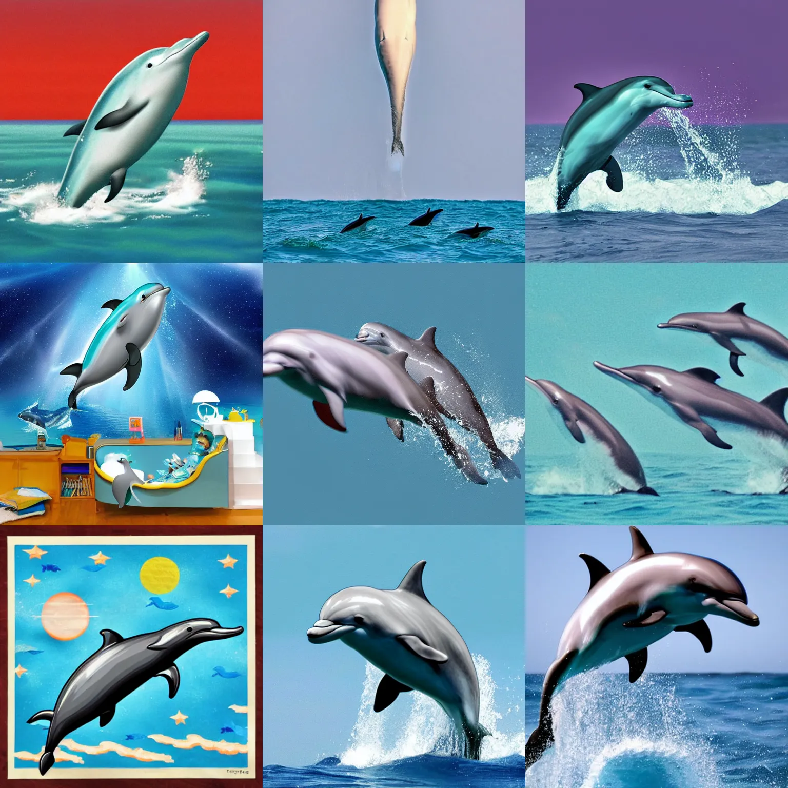 Prompt: dolphins on a rocket ship escaping earth