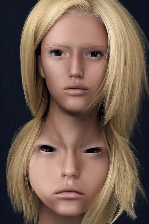 Image similar to robot with human face, female head, full body angle, woman human face, human face realistic, beautiful blonde hair, human head, human head with blonde hair, blonde hair human head, blonde hair, human realistic face, human head skin, cyborg frame concept, cyborg by ales-kotnik, sci-fi android female, the body is made of wires, robotic body, cyborg body, cyborg bust body, robot body cyborg, full body