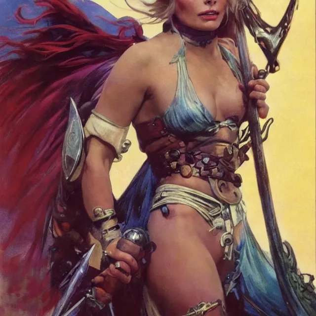 Image similar to an aesthetic!, detailed portrait of margot robbie dressed as a barbarian for marvel studios, action movie still, by frank frazetta and alphonse mucha, oil on canvas, bright colors, art nouveau, epic composition, dungeons & dragons, fantasy art, hd, god rays, ray tracing, crisp contour lines, huhd - 8 k