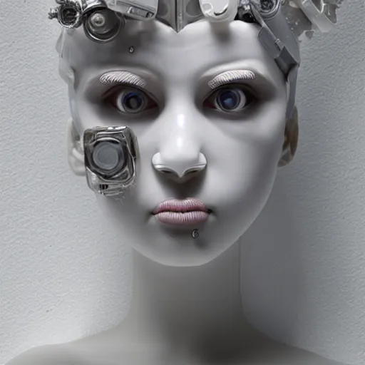 Image similar to full head and shoulders, beautiful female porcelain sculpture with all white 3 d cyborg elements, white prosthetic eyes, 3 d goggles, smooth, all white features on a white background, delicate facial features, white eyes, white lashes, detailed white liquid, cyberpunk, anatomical by daniel arsham and james jean