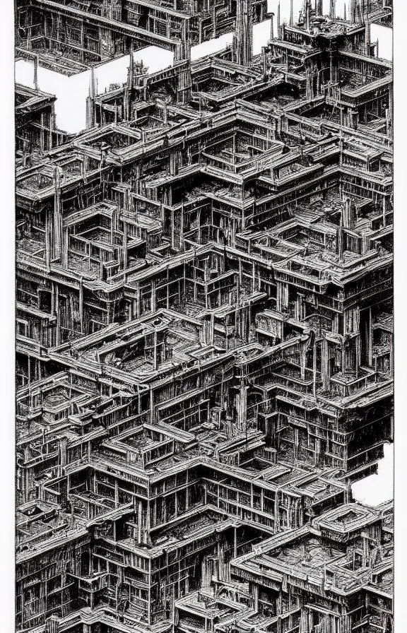 Prompt: classical landscape sketches of brutalist concrete structures, masterpiece, insanely detailed and intricate, super detailed, lithography by tsutomu nihei and m. c. escher