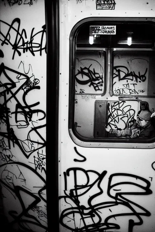 Image similar to subway cabin inside all in graffiti, man in stussy jacket closeup writing graffiti, night, film photography, exposed b & w photography, christopher morris photography