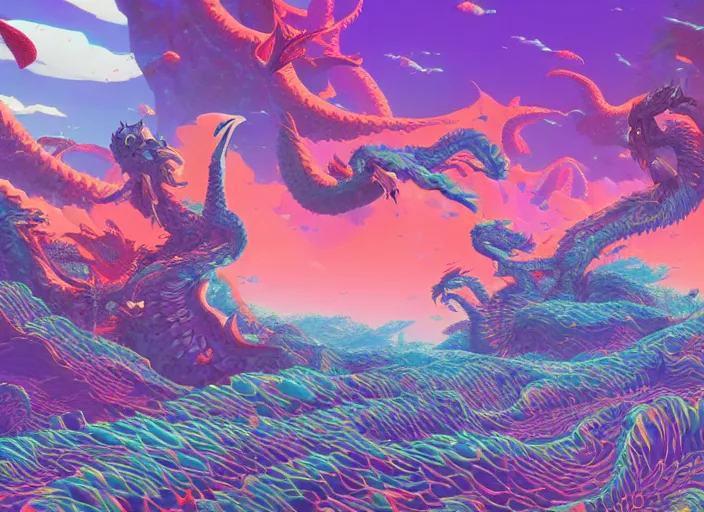 Image similar to psychedelic art of a landscape made of dragons, thousands of dragons, detailed, cel shaded, by makoto shinkai and moebius and anton fadeev and james gurney