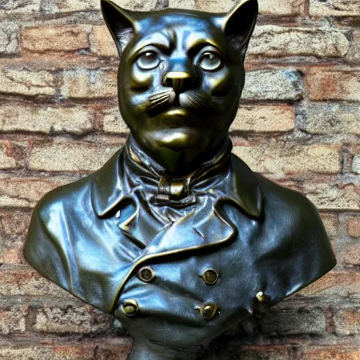 Image similar to a bronze bust of the Cat Otto Von Bismarck, leader of the cat empire
