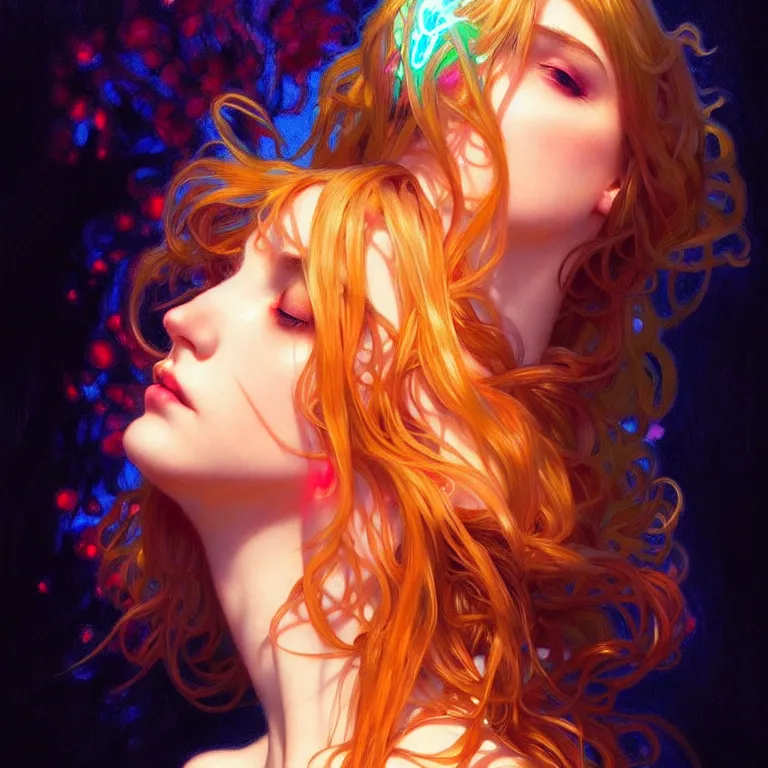 Image similar to bright asthetic portrait LSD glowing backlit, fantasy, intricate, elegant, dramatic lighting, highly detailed, lifelike, photorealistic, digital painting, artstation, illustration, concept art, smooth, sharp focus, art by John Collier and Albert Aublet and Krenz Cushart and Artem Demura and Alphonse Mucha