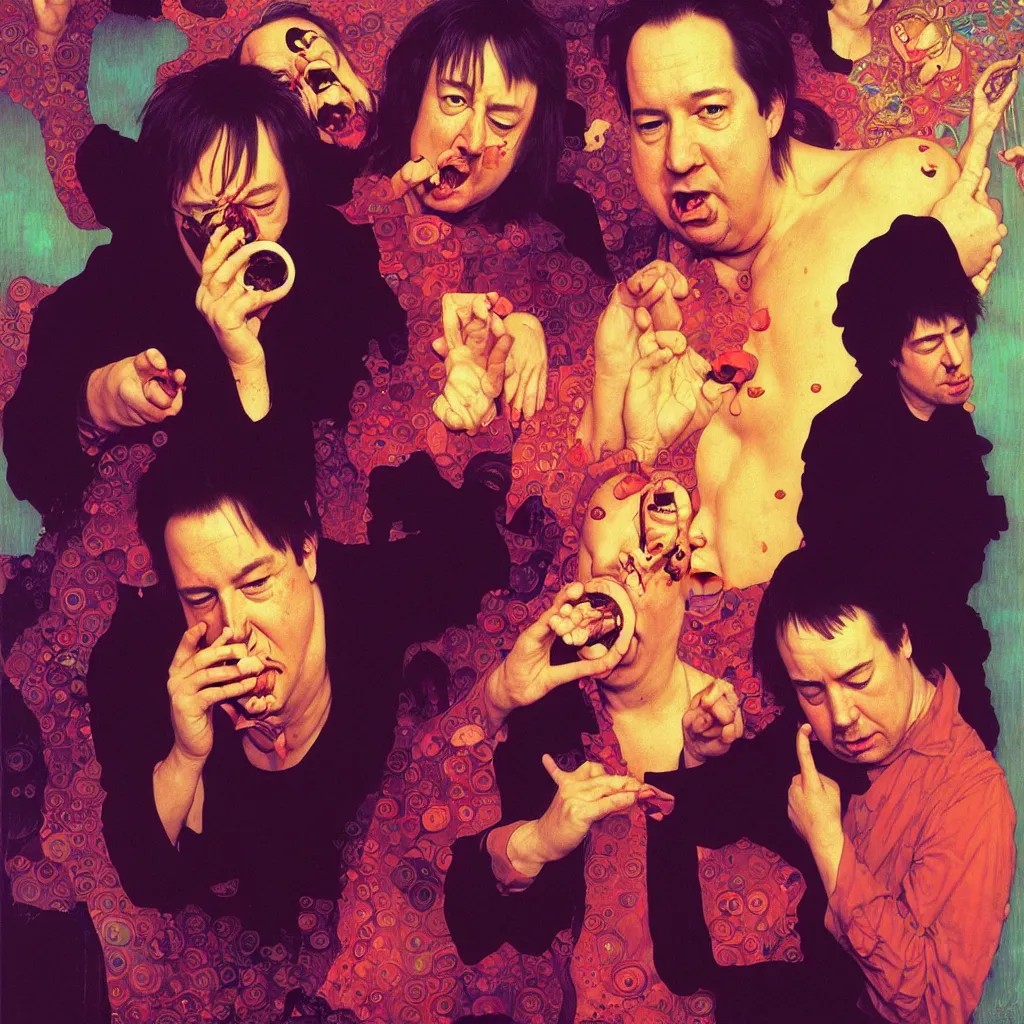 Prompt: weird and disturbing portrait of bill hicks and mike patton puking blood, vivid colors, happy, neon, art by ( ( ( kuvshinov ilya ) ) ) and wayne barlowe and gustav klimt and artgerm and wlop and william - adolphe bouguereau