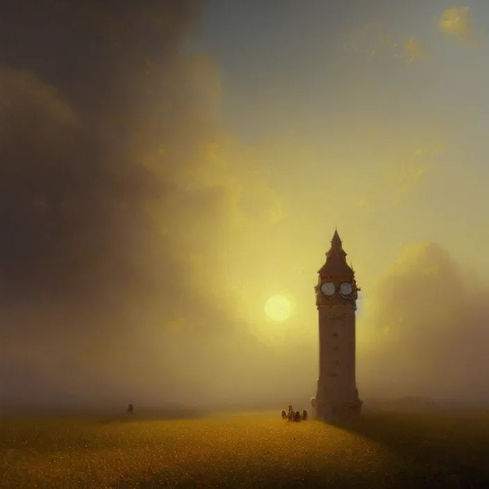 Image similar to a beautiful painting of a clock tower in a field of golden wheat by ivan aivazovsky and greg rutkowski and rhads, in style of digital art. hyper detailed, sharp focus, soft light. octane render. ray tracing. trending on artstation