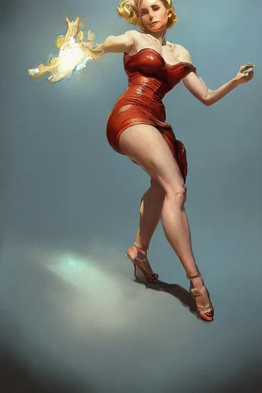 Prompt: a highly detailed epic cinematic concept art CG render digital painting artwork costume design: Kristen Bell as a pinup girl from the 1950s. volumetric lighting. By Greg Rutkowski, in the style of Francis Bacon and Syd Mead and Norman Rockwell and Beksinski, open ceiling, highly detailed, painted by Francis Bacon and Edward Hopper, painted by James Gilleard, surrealism, airbrush, Ilya Kuvshinov, WLOP, Stanley Artgerm, very coherent, triadic color scheme, realistic facial expression, art by Takato Yamamoto and James Jean