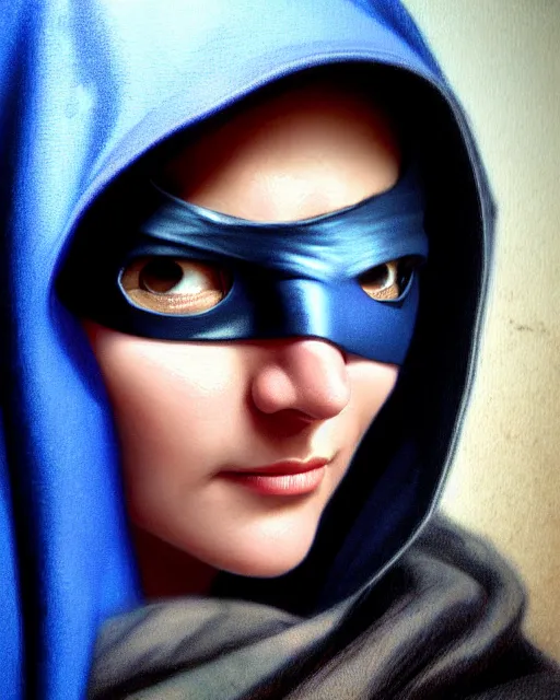 Image similar to ana from overwatch, blue hooded cloak, eye patch, older woman, character portrait, portrait, close up, highly detailed, intricate detail, amazing detail, sharp focus, vintage fantasy art, vintage sci - fi art, radiant light, caustics, by boris vallejo