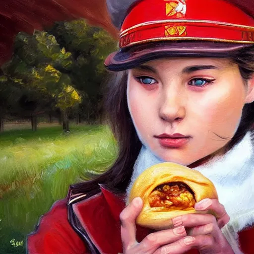 Image similar to high detail portrait oil painting illustration of beatiful girl as soviet red army soldier eating hot baked bun by justin sweet with face and body clearly visible, in a scenic background, pupils visible, realistic proportions, d & d, rpg, forgotten realms, artstation trending, high quality, sombre mood, artstation trending, muted colours, entire person visible!